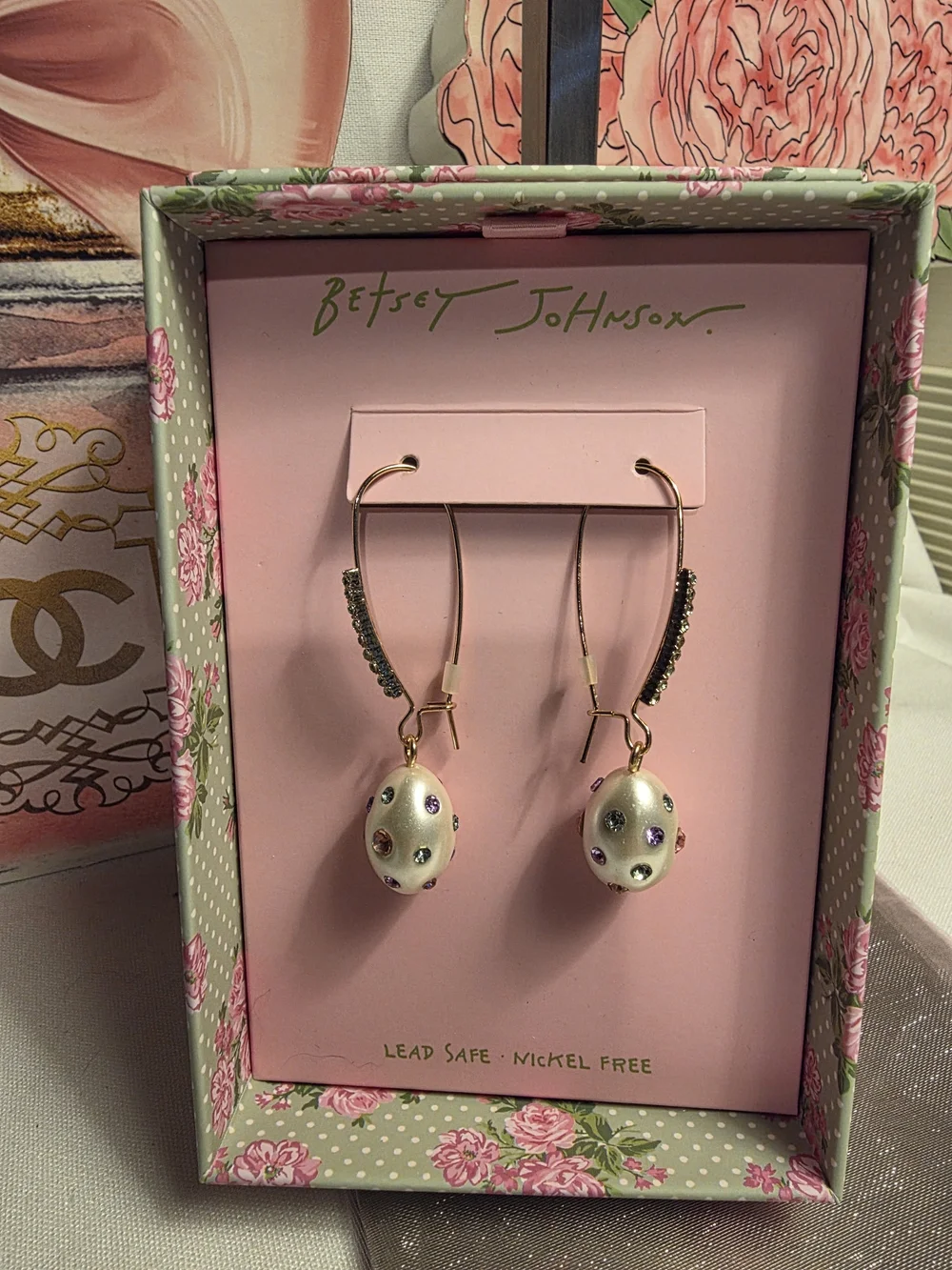 Betsey Johnson Pearl Egg Drop Earrings with Multicolor Crystal Accents